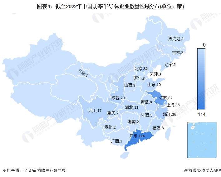 图表4：截至2022年中国功率半导体企业数量区域分布(单位：家)