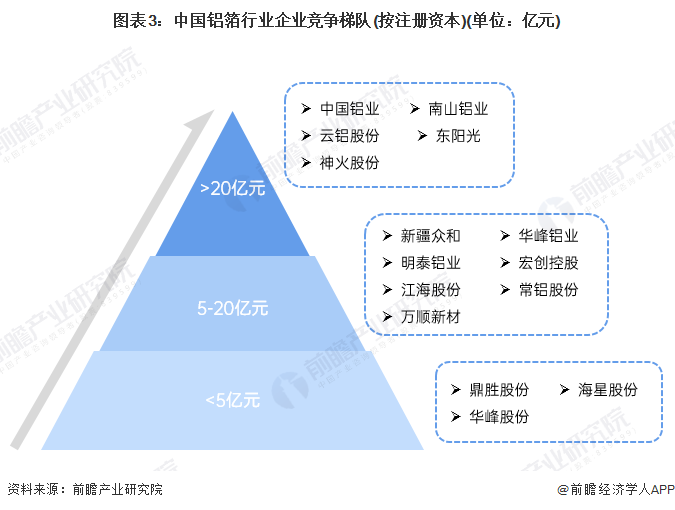 图表3：中国铝箔行业企业竞争梯队(按注册资本)(单位：亿元)