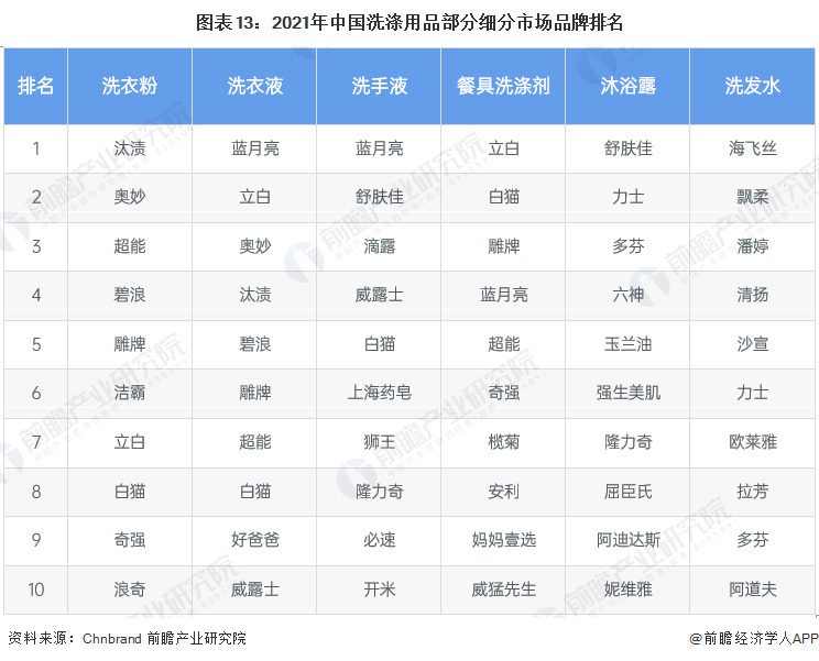图表13：2021年中国洗涤用品部分细分市场品牌排名