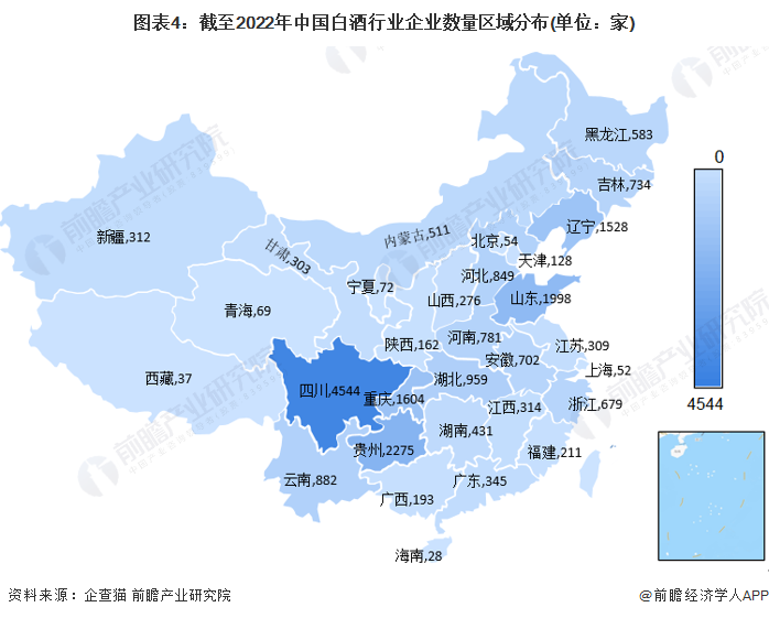图表4：截至2022年中国白酒行业企业数量区域分布(单位：家)