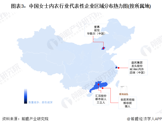 图表3：中国女士内衣行业代表性企业区域分布热力图(按所属地)