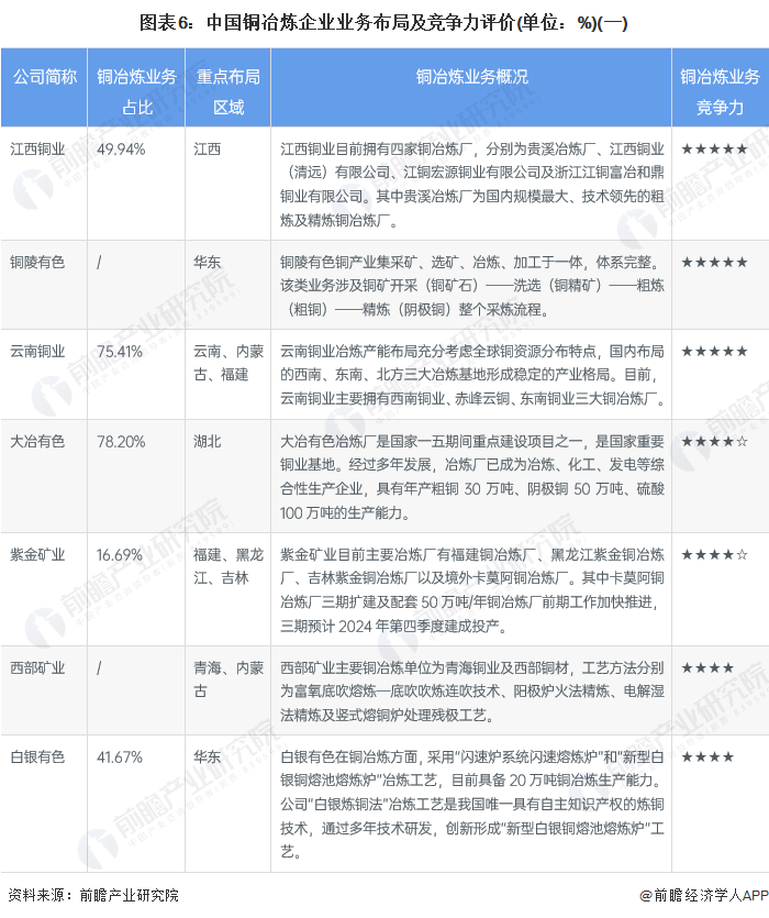 图表6：中国铜冶炼企业业务布局及竞争力评价(单位：%)(一)