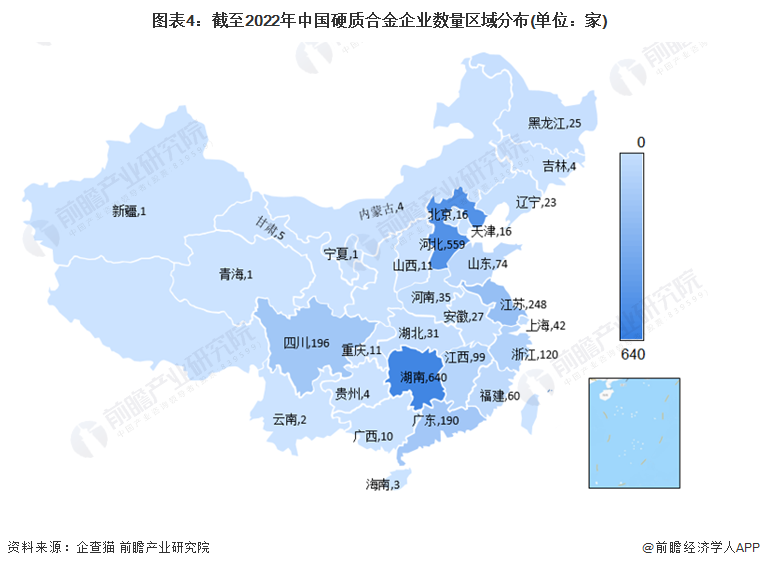 图表4：截至2022年中国硬质合金企业数量区域分布(单位：家)