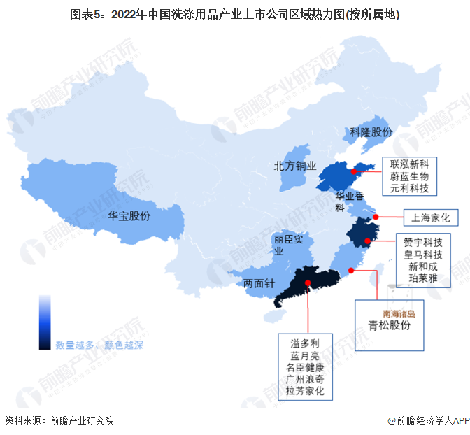 图表5：2022年中国洗涤用品产业上市公司区域热力图(按所属地)