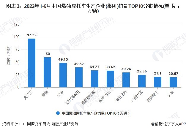 图表3：2022年1-6月中国燃油摩托车生产企业(集团)销量TOP10分布情况(单位：万辆)