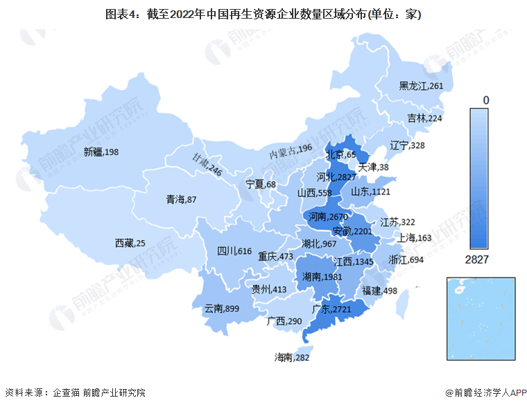 图表4：截至2022年中国再生资源企业数量区域分布(单位：家)