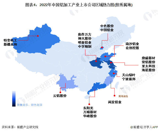 图表4：2022年中国铝加工产业上市公司区域热力图(按所属地)