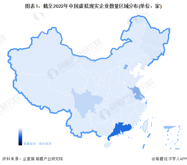 图表1：截至2022年中国虚拟现实企业数量区域分布(单位：家)