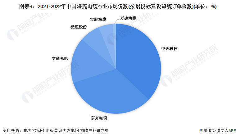 图表4：2021-2022年中国海底电缆行业市场份额(按招投标建设海缆订单金额)(单位：%)