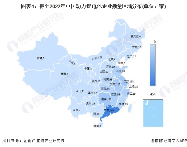 图表4：截至2022年中国动力锂电池企业数量区域分布(单位：家)