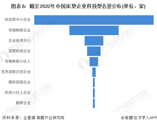 图表9：截至2022年中国床垫企业科技型名誉分布(单位：家)