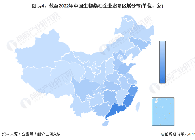 图表4：截至2022年中国生物柴油企业数量区域分布(单位：家)