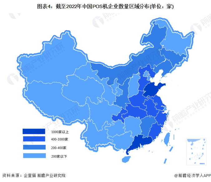 图表4：截至2022年中国POS机企业数量区域分布(单位：家)