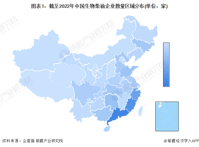 图表1：截至2022年中国生物柴油企业数量区域分布(单位：家)