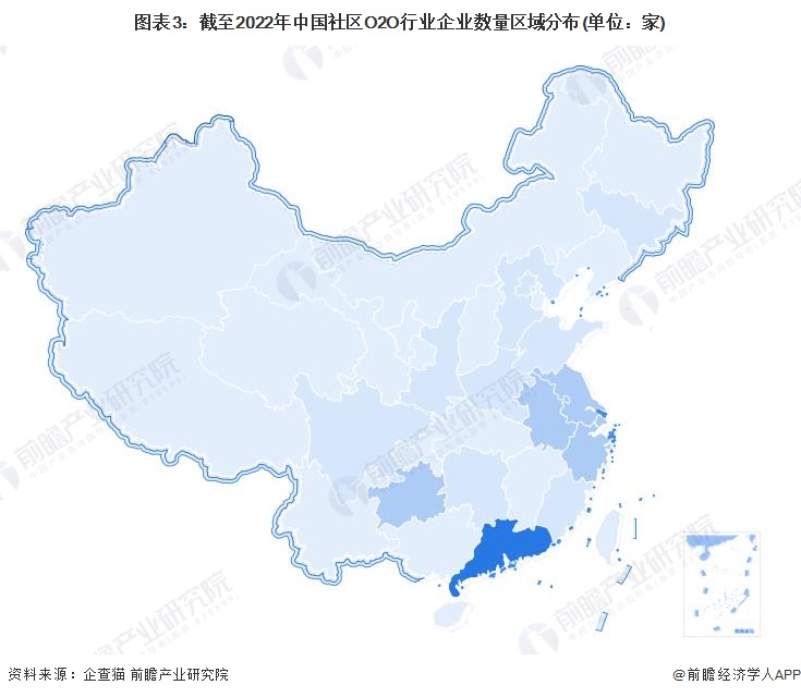 图表3：截至2022年中国社区O2O行业企业数量区域分布(单位：家)