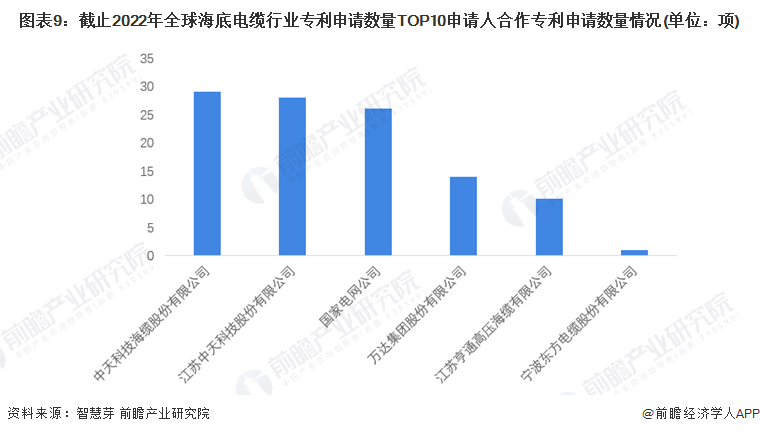 图表9：截止2022年全球海底电缆行业专利申请数量TOP10申请人合作专利申请数量情况(单位：项)