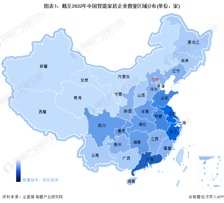 图表1：截至2022年中国智能家居企业数量区域分布(单位：家)