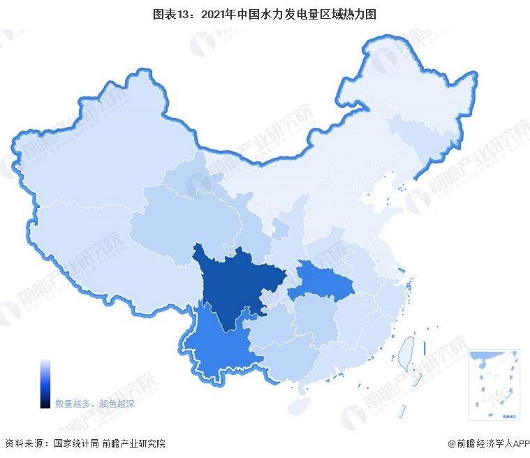圖表13：2021年中國水力發電量區域熱力圖