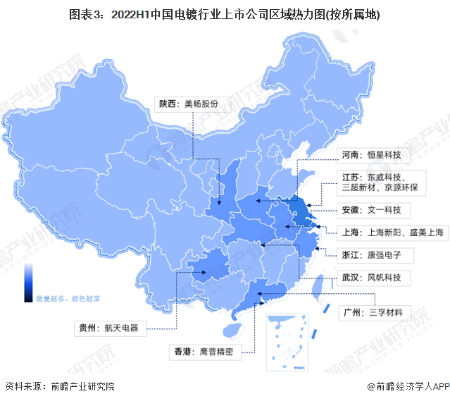 圖表3：2022H1中國電鍍行業上市公司區域熱力圖(按所屬地)