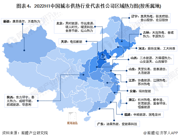 图表4：2022H1中国城市供热行业代表性公司区域热力图(按所属地)