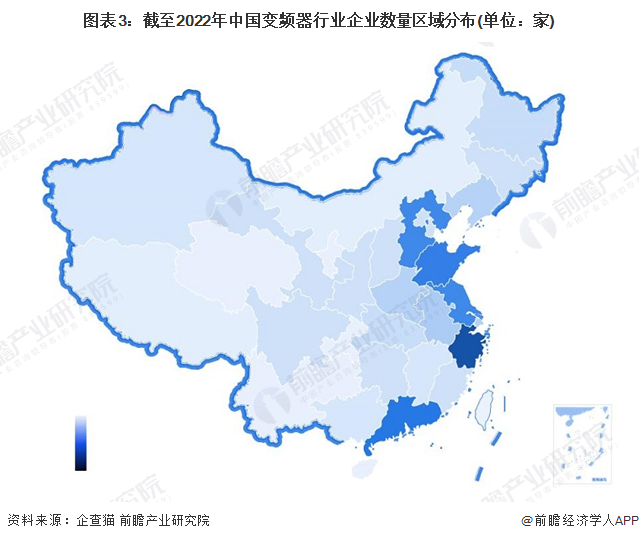 图表3：截至2022年中国变频器行业企业数量区域分布(单位：家)