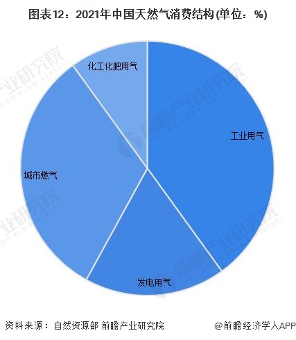 图表12：2021年中国天然气消费结构(单位：%)