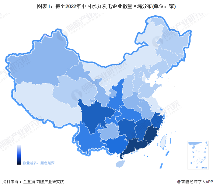 图表1：截至2022年中国水力发电企业数量区域分布(单位：家)