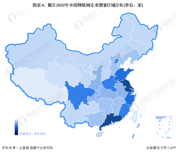 圖表4：截至2022年中國物聯網企業數量區域分布(單位：家)