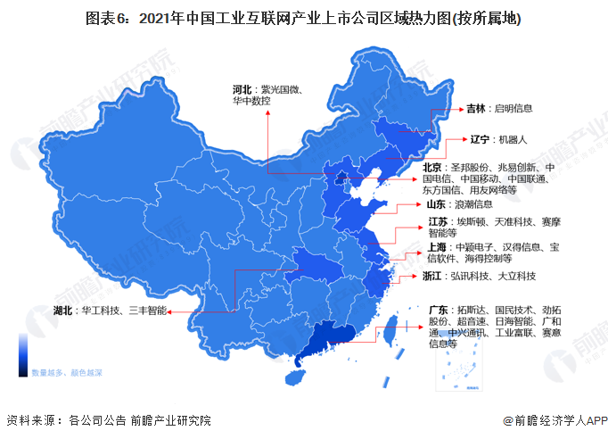 图表6：2021年中国工业互联网产业上市公司区域热力图(按所属地)
