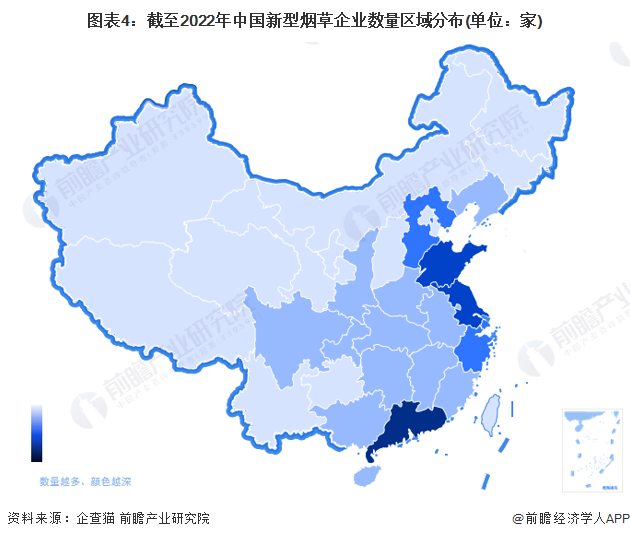 图表4：截至2022年中国新型烟草企业数量区域分布(单位：家)