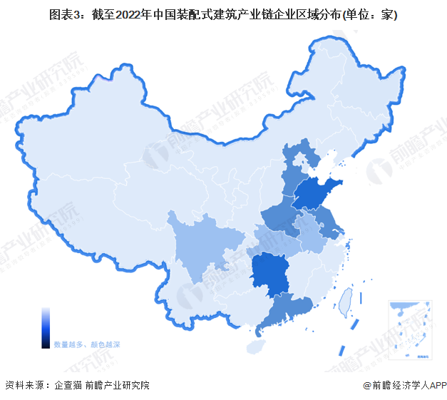 图表3：截至2022年中国装配式建筑产业链企业区域分布(单位：家)