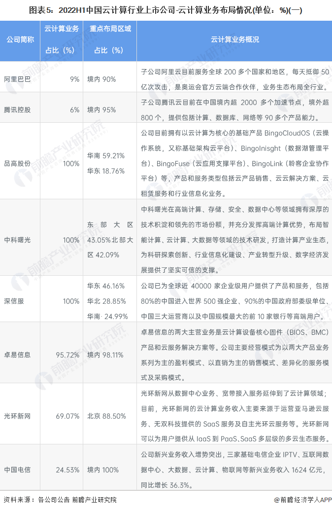 图表5：2022H1中国云计算行业上市公司-云计算业务布局情况(单位：%)(一)