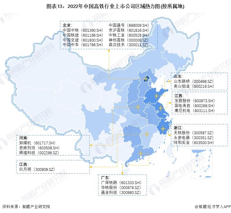 图表13：2022年中国高铁行业上市公司区域热力图(按所属地)