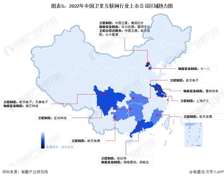 图表5：2022年中国卫星互联网行业上市公司区域热力图