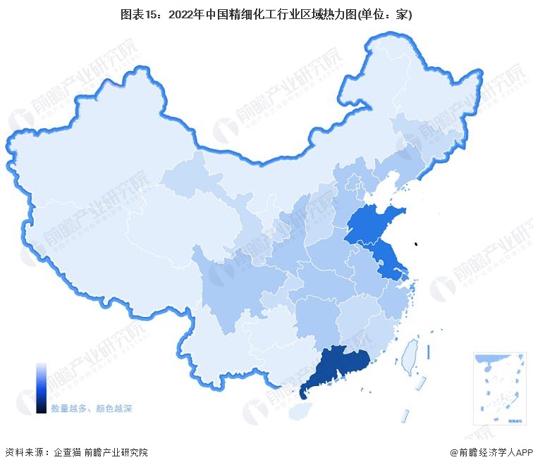 图表15：2022年中国精细化工行业区域热力图(单位：家)