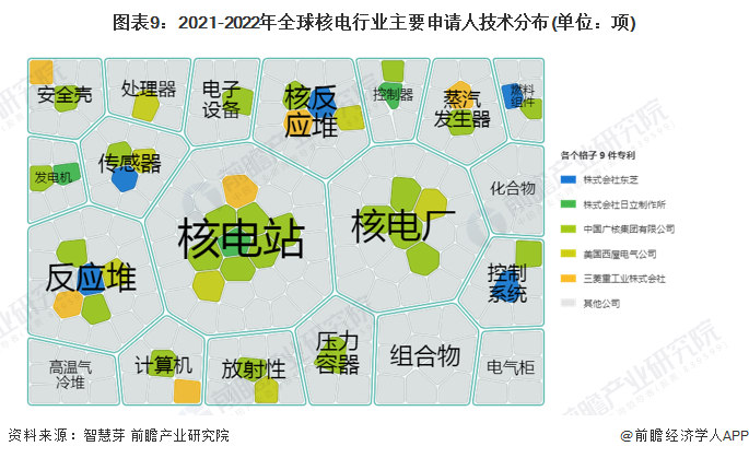 图表9：2021-2022年全球核电行业主要申请人技术分布(单位：项)