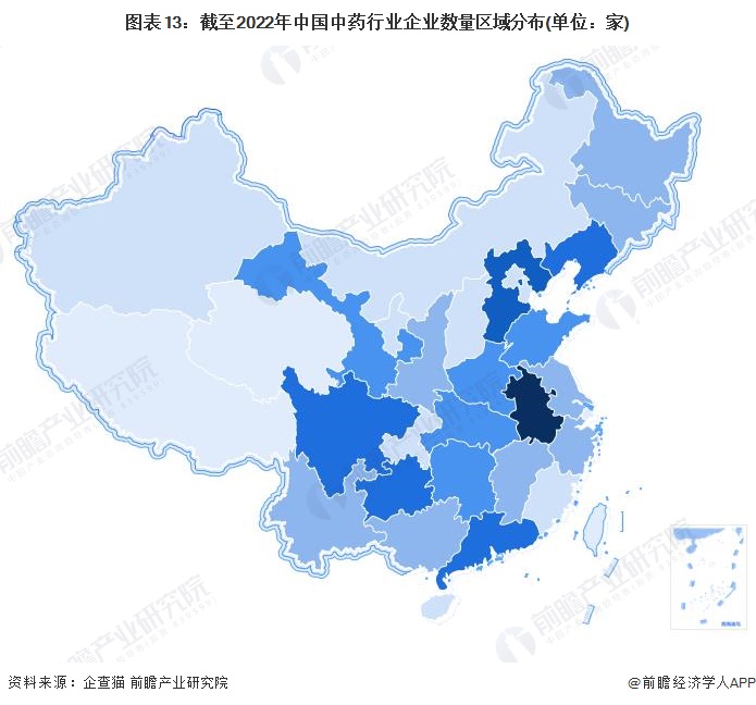 圖表13：截至2022年中國中藥行業企業數量區域分布(單位：家)