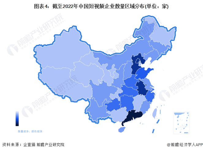 图表4：截至2022年中国短视频企业数量区域分布(单位：家)