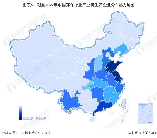 图表5：截至2022年中国环保行业产业链生产企业分布热力地图