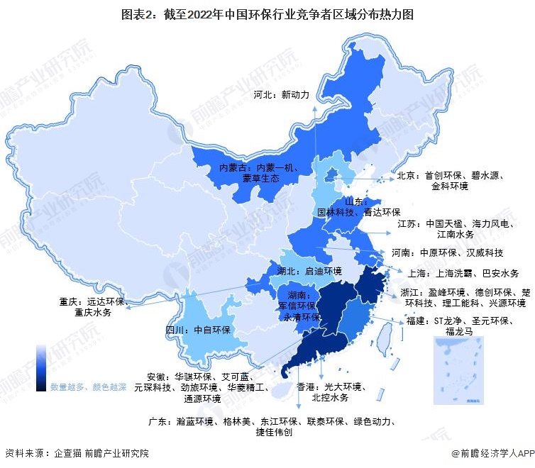 图表2：截至2022年中国环保行业竞争者区域分布热力图