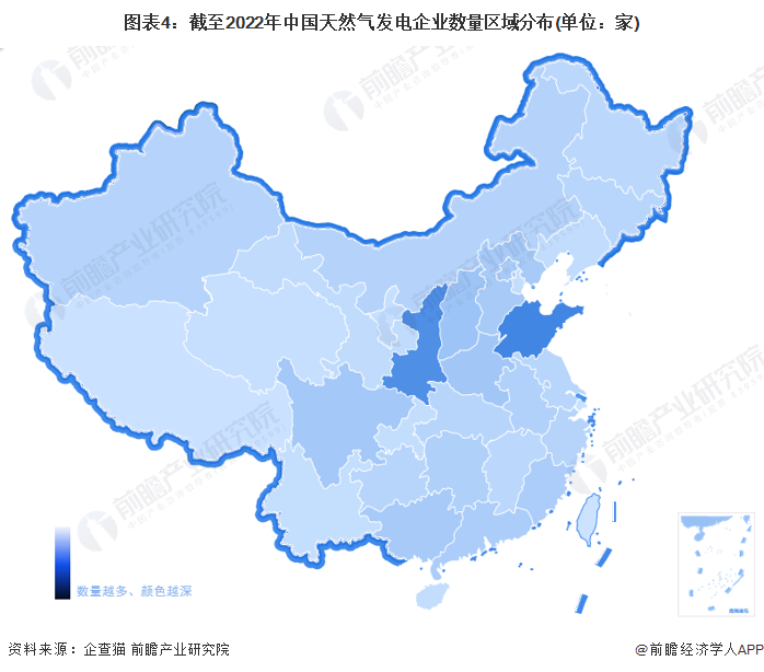 图表4：截至2022年中国天然气发电企业数量区域分布(单位：家)