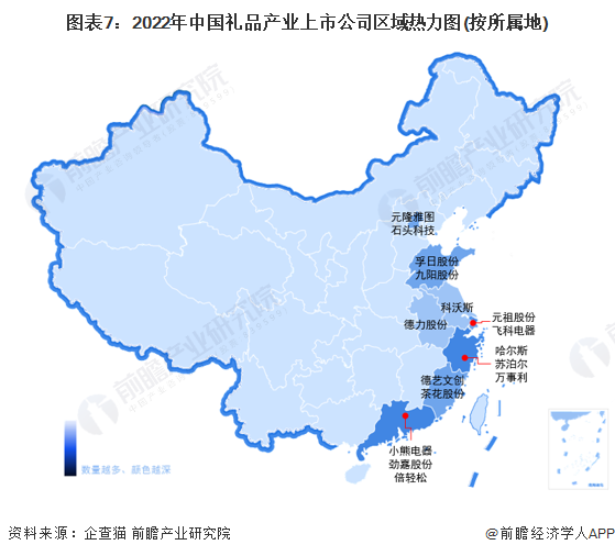 图表7：2022年中国礼品产业上市公司区域热力图(按所属地)