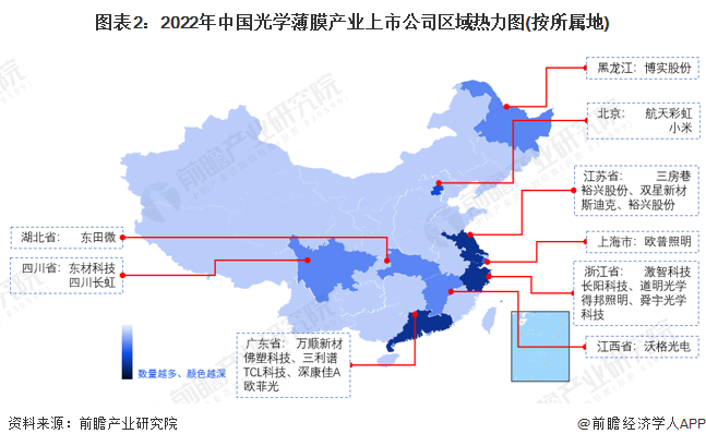 图表2：2022年中国光学薄膜产业上市公司区域热力图(按所属地)