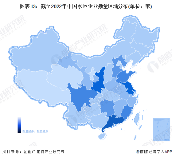 图表13：截至2022年中国水运企业数量区域分布(单位：家)