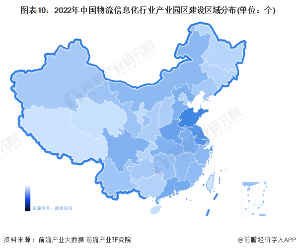 图表10：2022年中国物流信息化行业产业园区建设区域分布(单位：个)