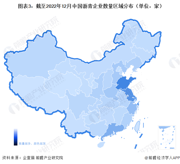 图表3：截至2022年12月中国沥青企业数量区域分布（单位：家）
