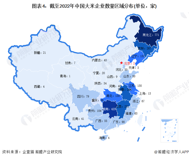 图表4：截至2022年中国大米企业数量区域分布(单位：家)