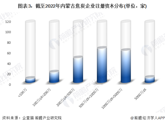 图表3：截至2022年内蒙古焦炭企业注册资本分布(单位：家)