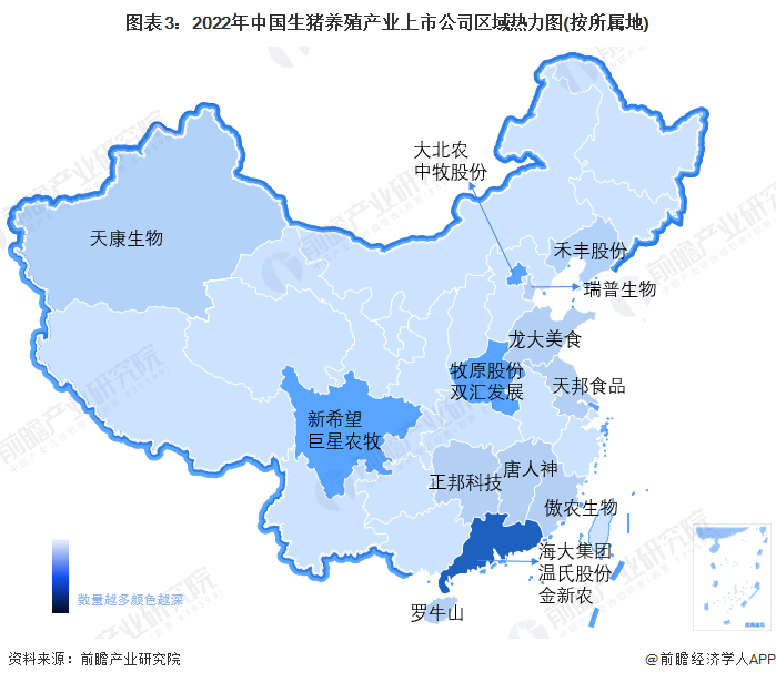 图表3：2022年中国生猪养殖产业上市公司区域热力图(按所属地)