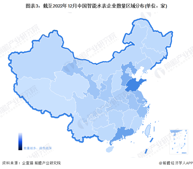 图表3：截至2022年12月中国智能水表企业数量区域分布(单位：家)